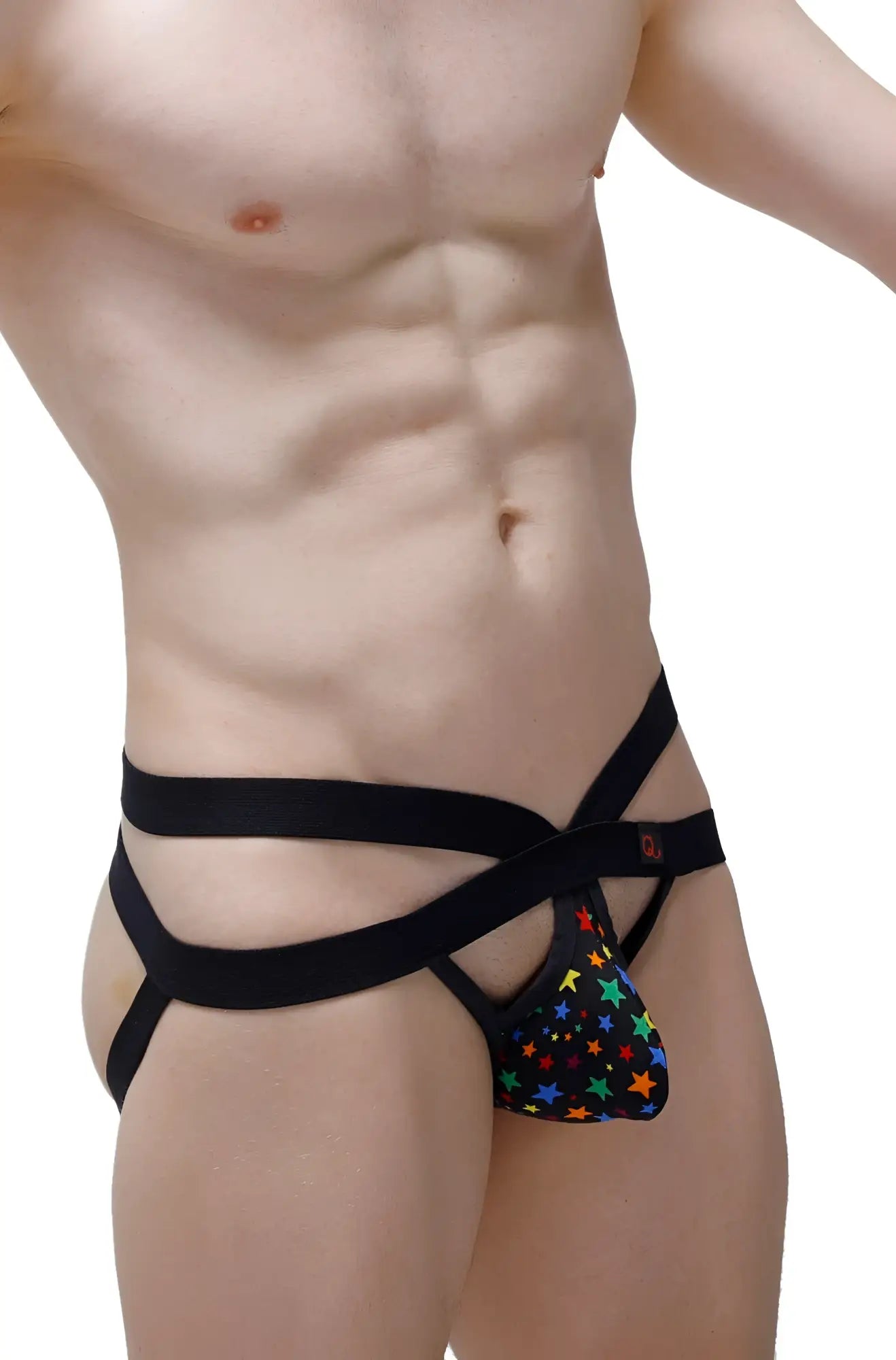 Black jockstrap antran rainbow stars with colorful star patterns on soft black fabric for men