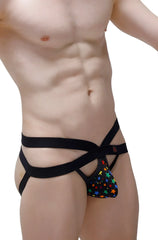 Black jockstrap antran rainbow stars with colorful star patterns on soft black fabric for men
