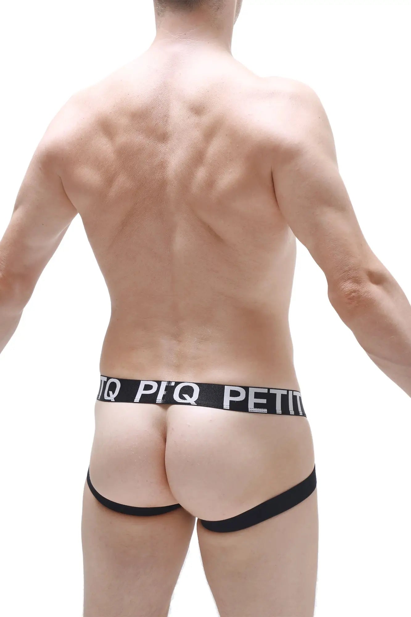 Black petitq branded jockstrap arlas net briefs with a sleek form fitting design showcasing the back side