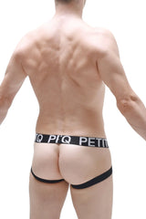 Black petitq branded jockstrap arlas net briefs with a sleek form fitting design showcasing the back side