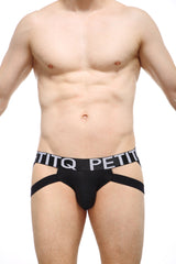 Petitq jockstrap armix black briefs with contrasting white logo band and side straps for a bold look