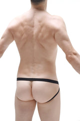 Black thong jockstrap augrey bandana with narrow waistband and side straps showing front design