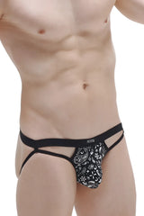 Black and white paisley-patterned men’s thong jockstrap augrey bandana with branded waistband front view