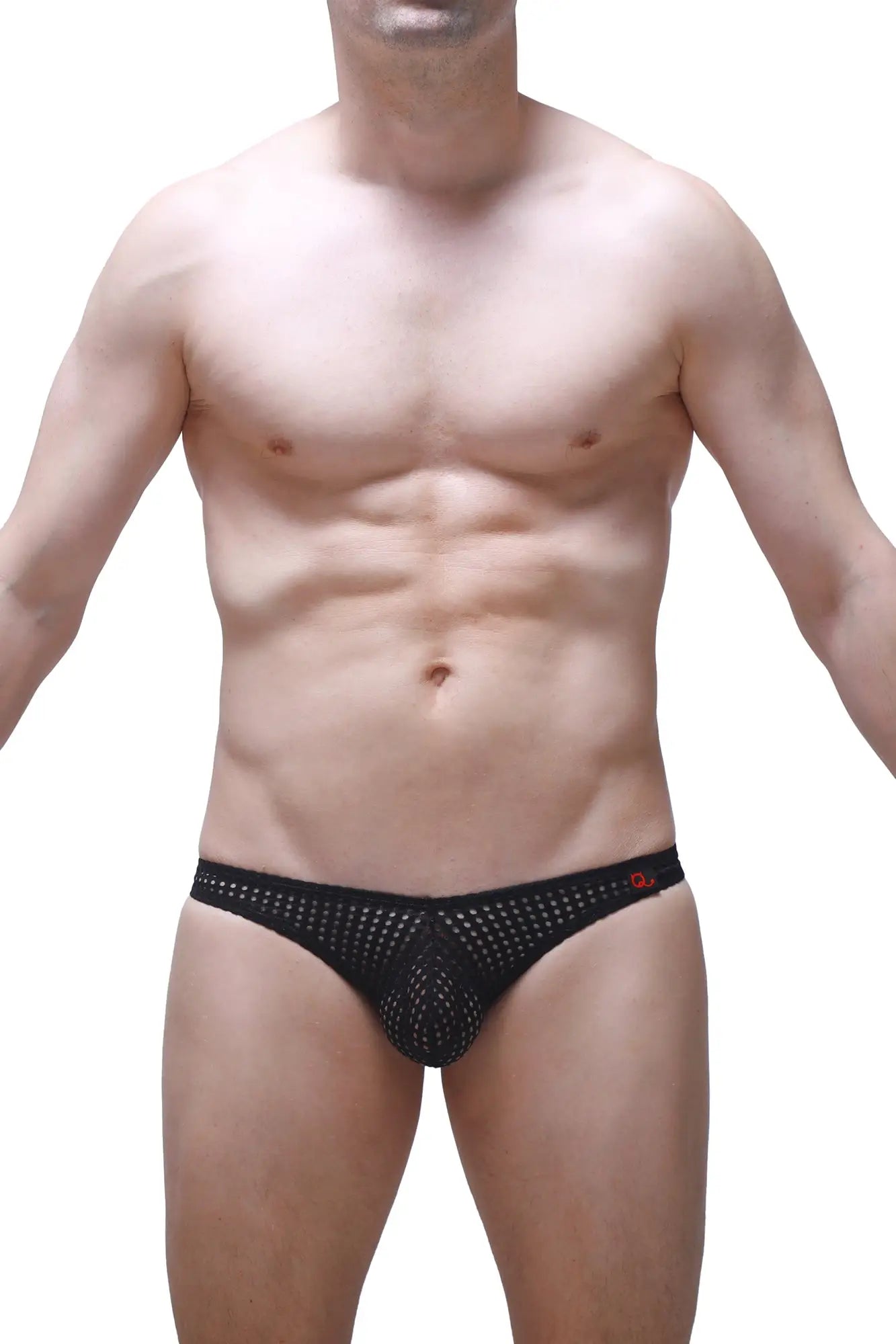 Black mesh briefs jockstrap bagard durtol black with subtle red logo on waistband front view