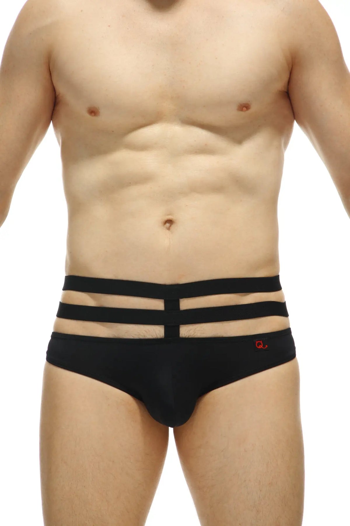 Black men’s briefs jockstrap bassan with three horizontal elastic bands and small red logo made of recycled nylon