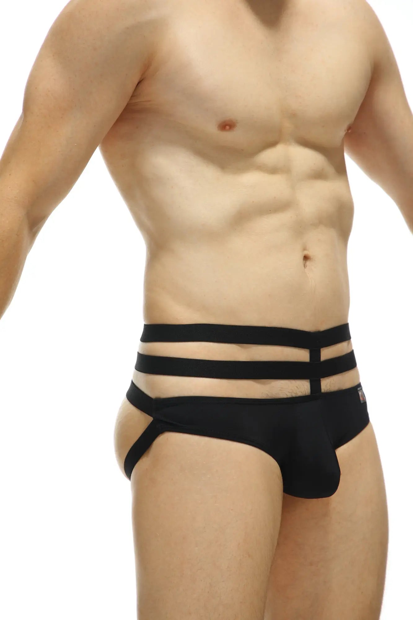 Black three-strapped jockstrap bassan briefs made from recycled nylon with a sleek modern design
