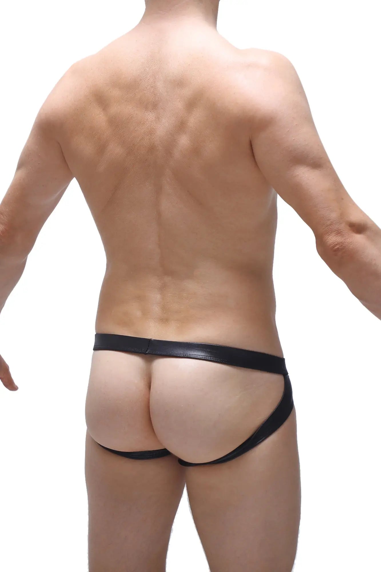 Black leather-like jockstrap beire wet briefs with a sleek minimalist design shown from the back side