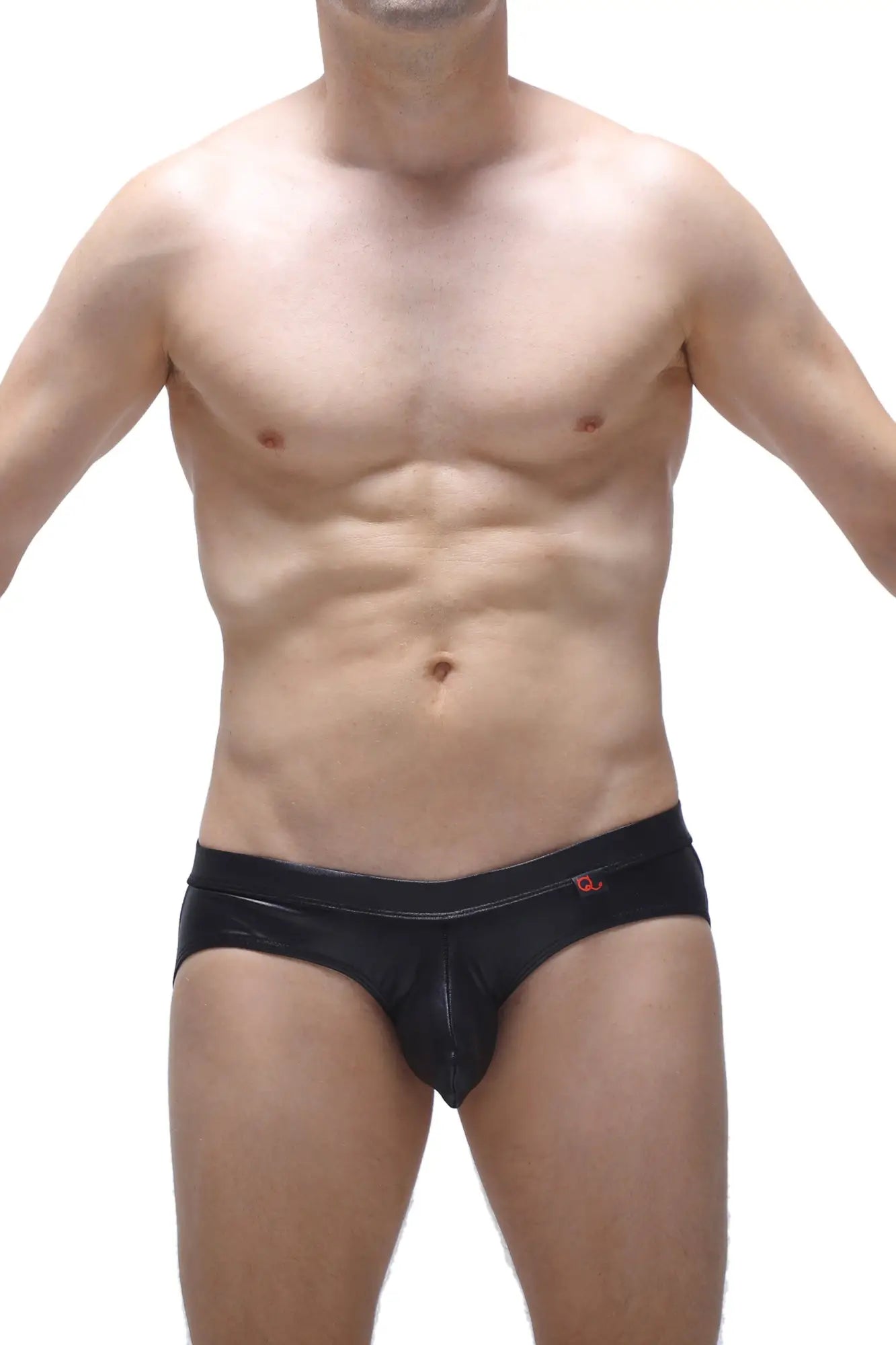 Black patent leather jockstrap beire wet briefs with a red logo on the waistband front view