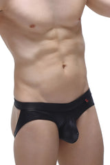 Black patent leather jockstrap briefs with red logo on waistband designed for a wet look and comfortable fit