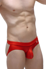 Red satin briefs jockstrap beire wet red with smooth glossy finish and small logo on waistband