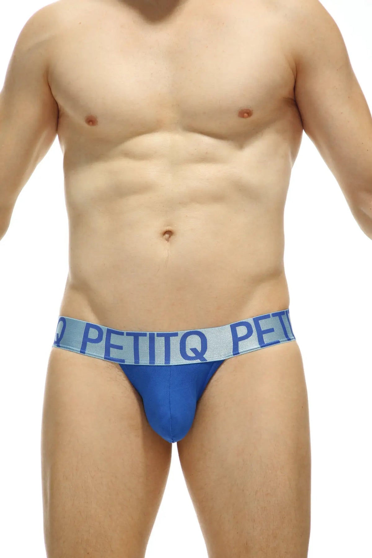 Blue petitq brand briefs with light blue waistband featuring petitq logo in bold from jockstrap blue rainbow collection