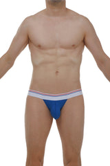 PetitQ jockstrap blyes modal blue athletic briefs in blue with white waistband and red and blue stripe accents