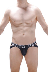 Black petitq jockstrap brucy briefs with a white logo band showing the front design and supportive fit