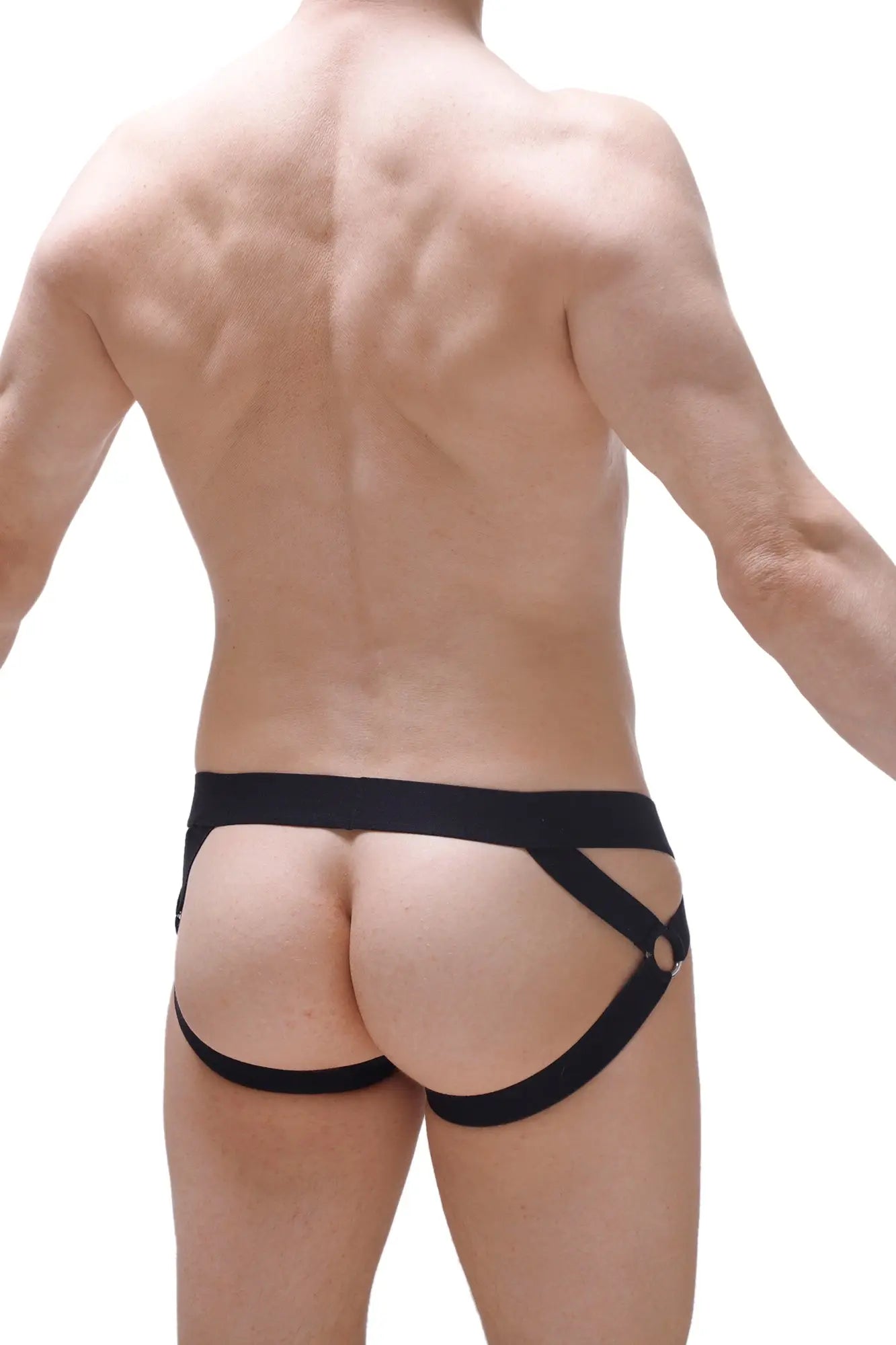 Black fabric briefs jockstrap brucy lace with wide waistband and crisscrossing side straps visible from front