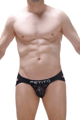 Black lace men’s briefs with bold petitq logo on waistband from the jockstrap brucy lace collection
