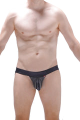 Black denim-style jockstrap cabaret petitq briefs with front zipper and silver chain tassel detailing