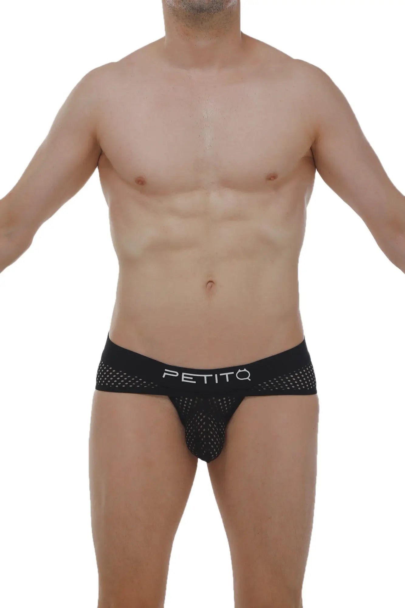 Black mesh briefs jockstrap cairanne durtol with perforated design and petitô brand name on waistband