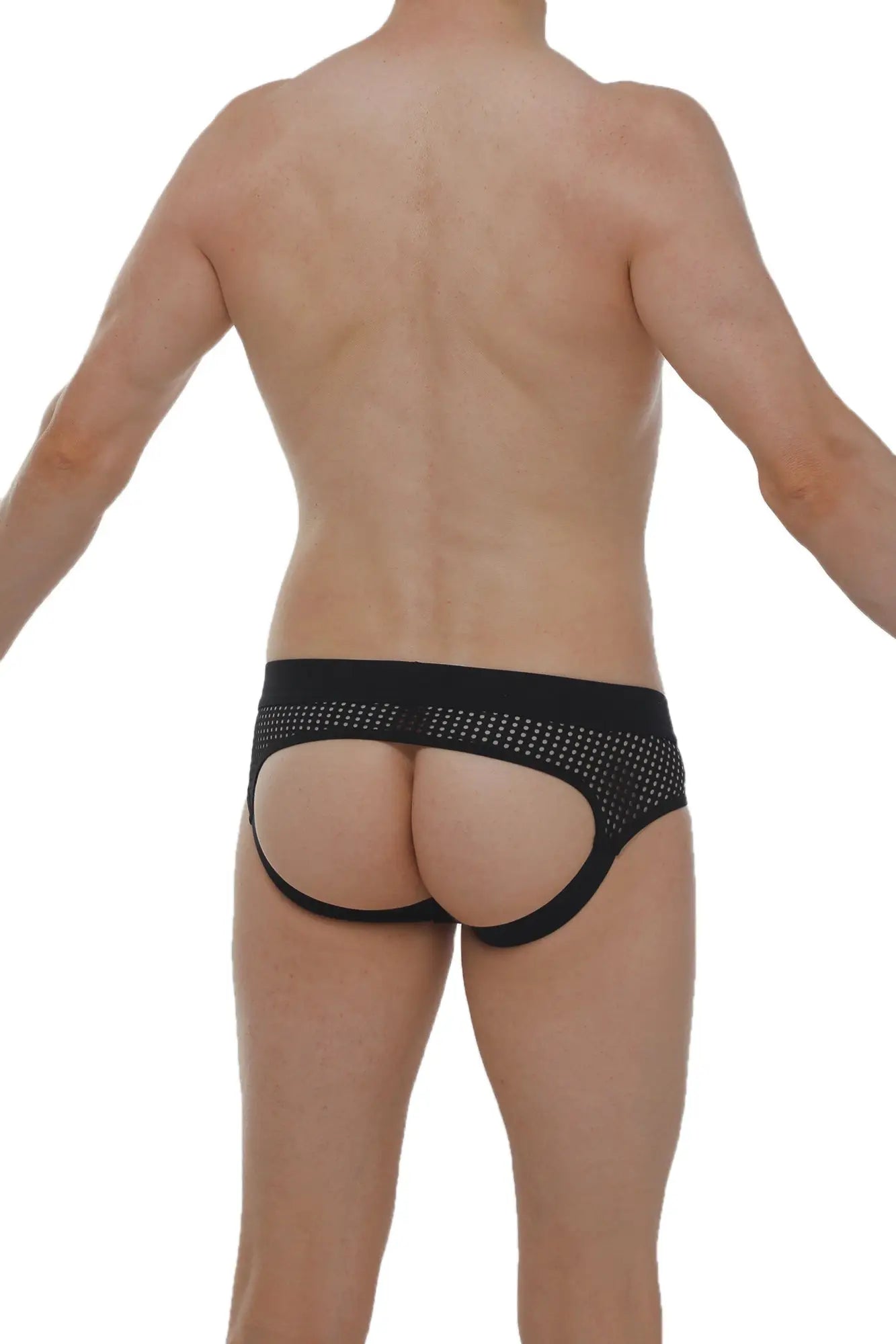 Black mesh jockstrap cairanne durtol briefs with perforated design and open back shown from the back side