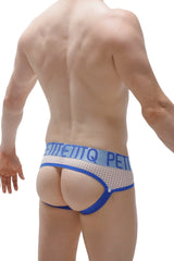 Jockstrap cairanne white mesh briefs in blue and white with a bold blue waistband featuring petitetiq branding