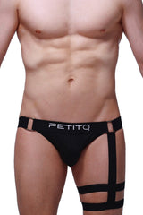 Black petitq jockstrap calenge briefs with adjustable leg straps and metallic buckle for comfortable support