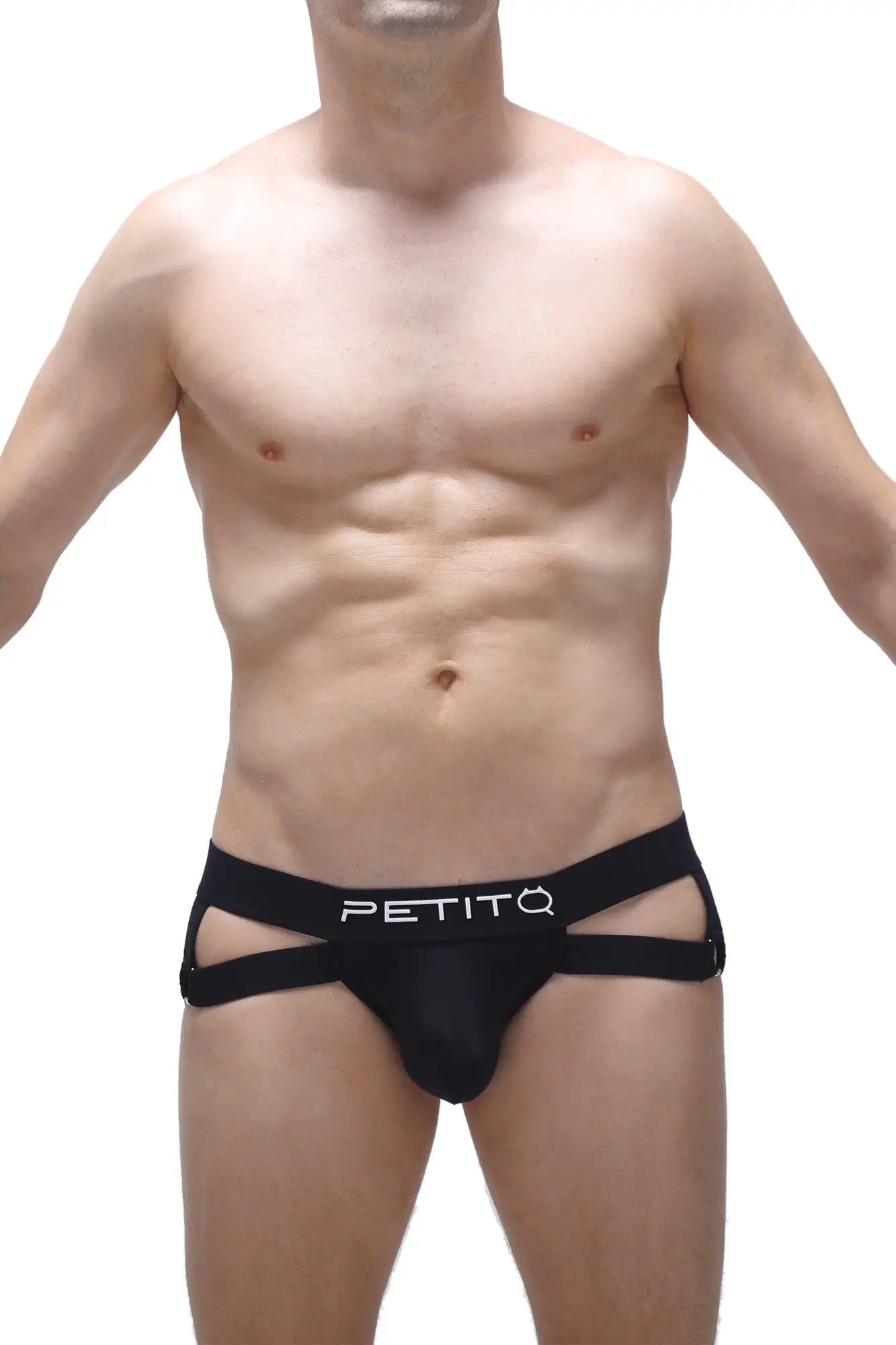Black petitq jockstrap chery briefs with sleek contoured design and distinctive side cutouts for comfortable support