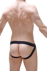 Black form-fitting athletic briefs with smooth elastic waistband and side cutouts from jockstrap chill boudoir collection
