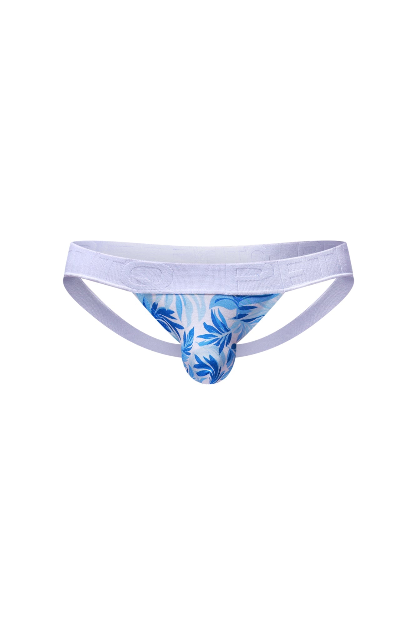 PetitQ Jockstrap Chill Maeha blue and white leaf-patterned athletic brief with solid white waistband front view