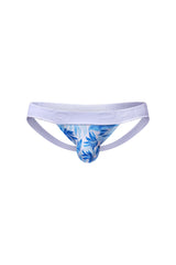 PetitQ Jockstrap Chill Maeha blue and white leaf-patterned athletic brief with solid white waistband front view