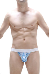 Blue and white striped jockstrap chill malo with solid white waistband designed for athletic support and comfort