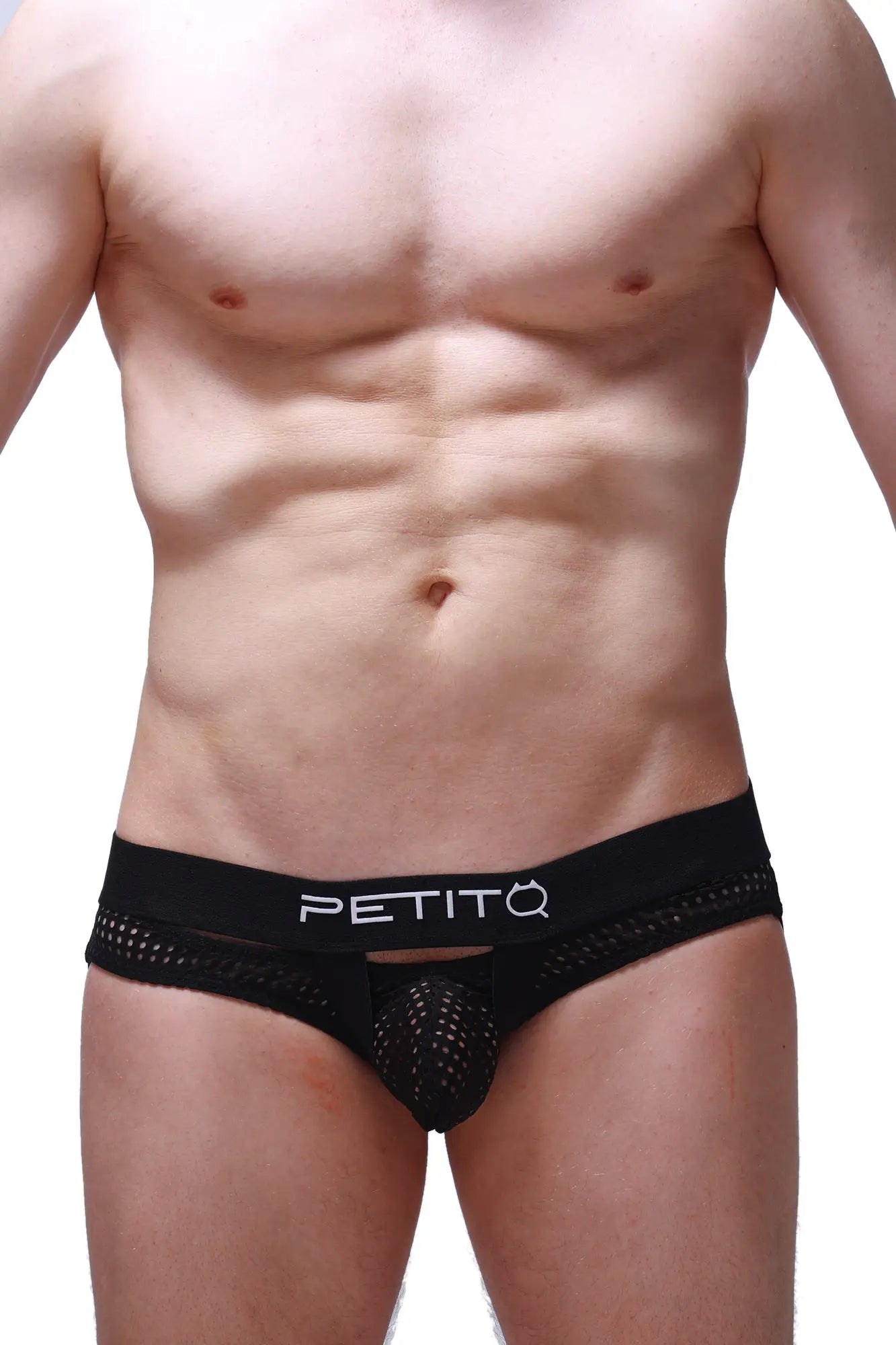 Black mesh jockstrap dolmen durtol with white petitq logo on waistband