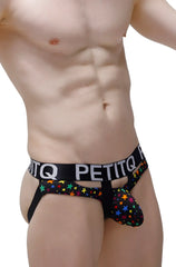 Black petitq jockstrap dolmen stars briefs with colorful rainbow star pattern and supportive design front view