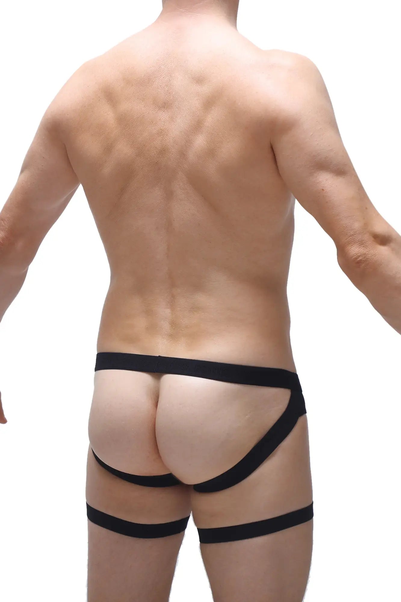 Black jockstrap garter athletic briefs with supportive design and elastic waistband shown from the back