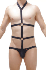 Black leather-like jockstrap harness with metallic rings and adjustable straps shown from the back side