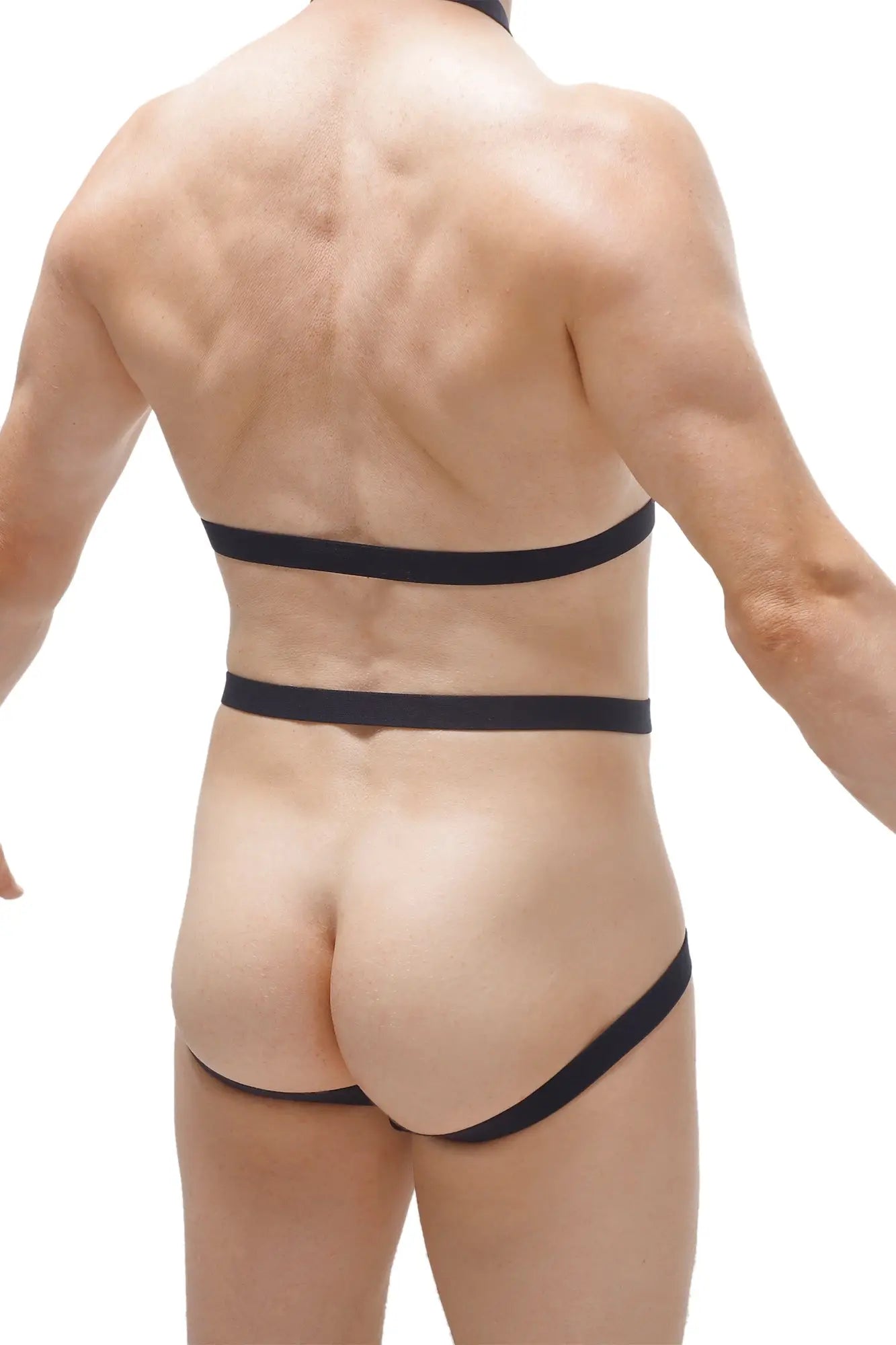 Black form-fitting jockstrap harness detachable lingerie set with two horizontal straps across the back shown from behind