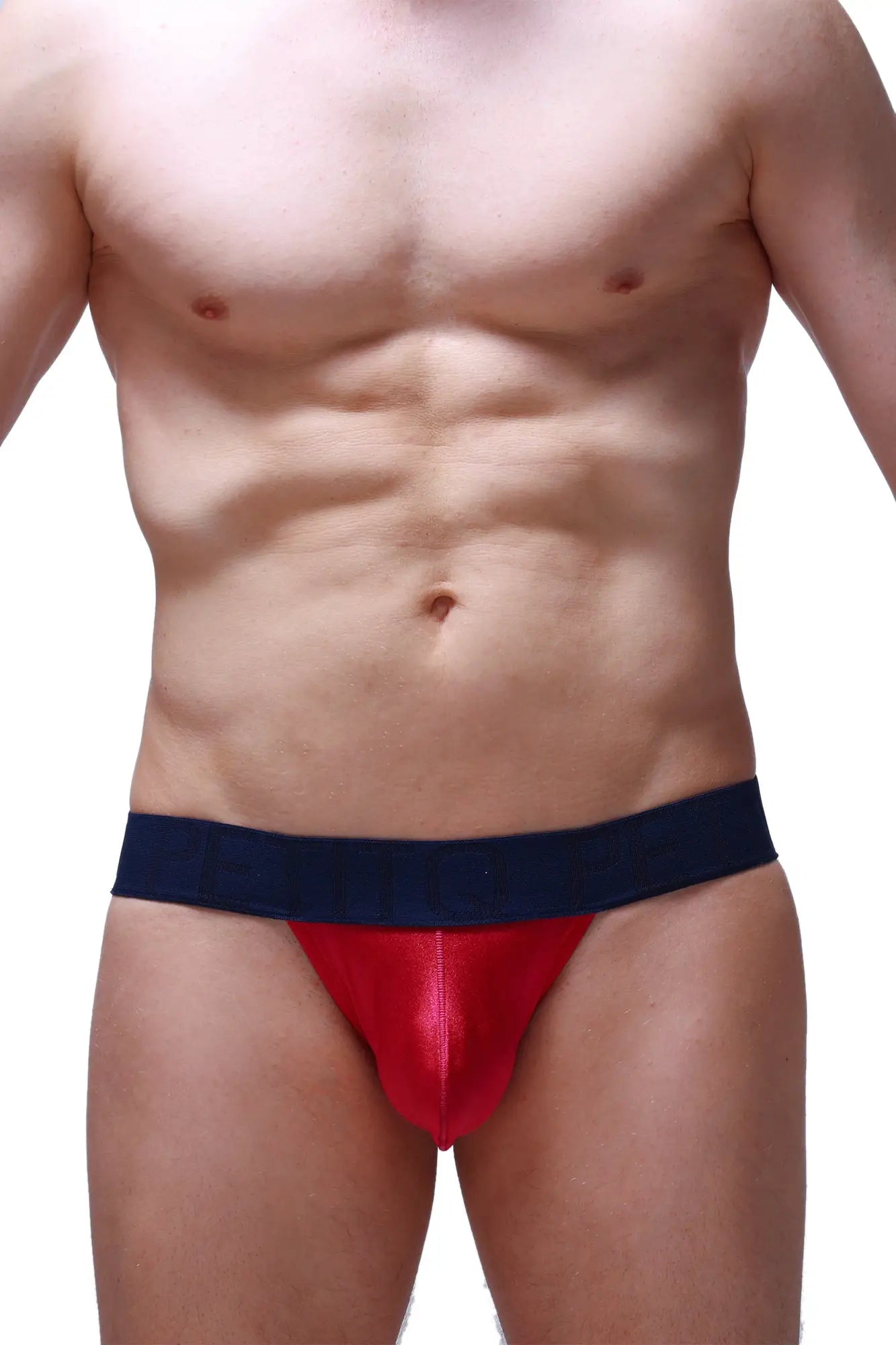 Red and navy blue men’s briefs jockstrap joe framboise with shiny form-fitting design made for comfortable support