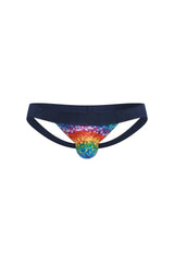 Navy blue PetitQ jockstrap thong with a rainbow geometric disco ball front panel called chill kaleidoscope