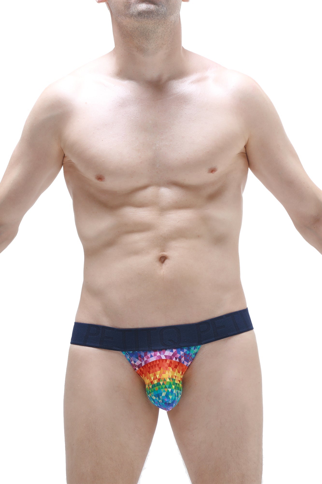 Petitq jockstrap chill kaleidoscope rainbow-patterned men’s briefs with dark blue waistband for comfortable wear