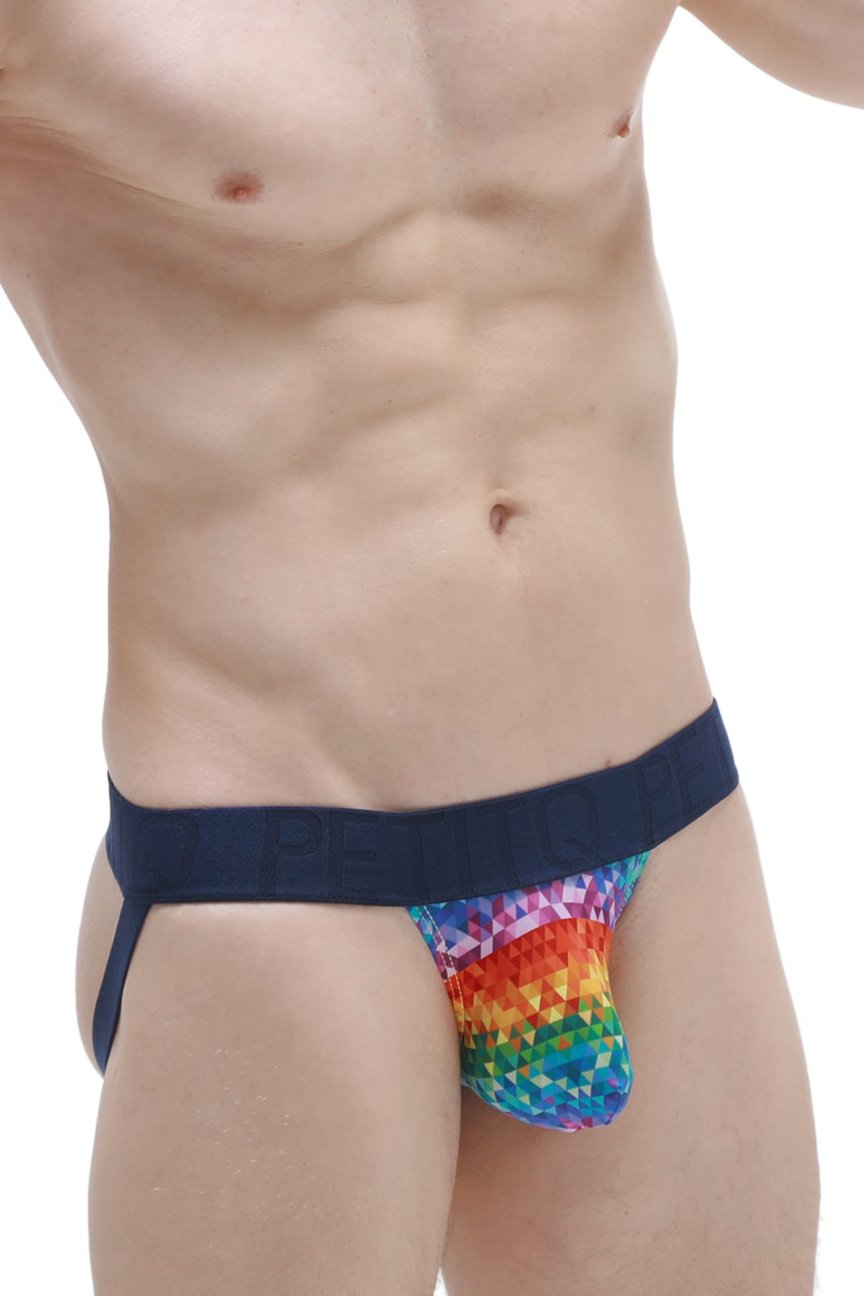 PetitQ jockstrap chill kaleidoscope rainbow geometric pattern with navy blue waistband for men’s underwear