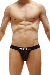 Black lace jockstrap thong with solid black waistband and petitq logo in white and orange lettering