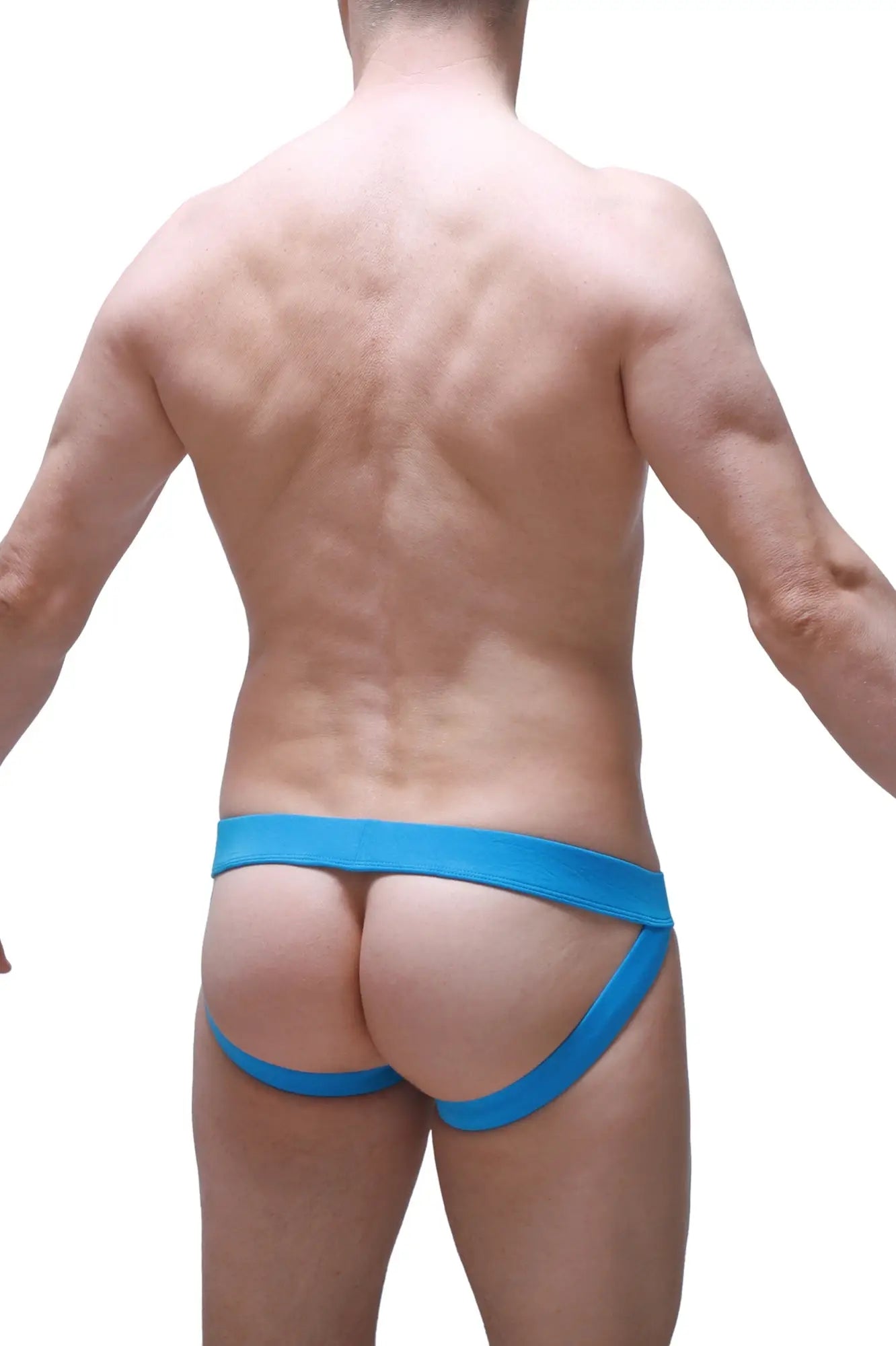Bright blue form-fitting athletic briefs with supportive waistband and leg straps in jockstrap linthes bamboo green