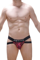Red and black patterned men’s briefs with bold graphic design from the jockstrap lonray ascan collection