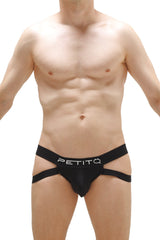 Black petitq jockstrap briefs with a sleek form-fitting design and contrasting white logo on the waistband