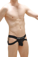 Black petitq jockstrap briefs with sleek form-fitting design and supportive straps for comfortable wear