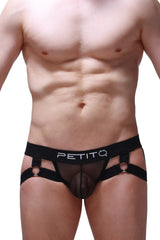 Black mesh and fabric men’s jockstrap lingerie with petitq branded waistband in jockstrap louprac mesh black style
