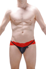 Black satin thong jockstrap ludios with vibrant red lace waistband showing front side design