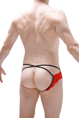 Red lace thong jockstrap ludios with black elastic straps showing the back side of the product
