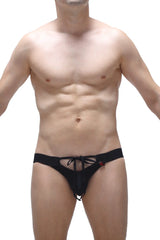 Black mesh jockstrap merpins with tied waistband and small red logo on the side for breathable support