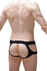 Black form-fitting high-cut jockstrap mijoux briefs with wide waistband and cut-out sides for supportive wear