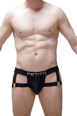 Black petitq brand men’s jockstrap mijoux briefs with side straps and metal rings showing front view
