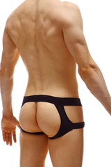 Black form-fitting cut-out briefs with wide waistband jockstrap mijoux noir front view